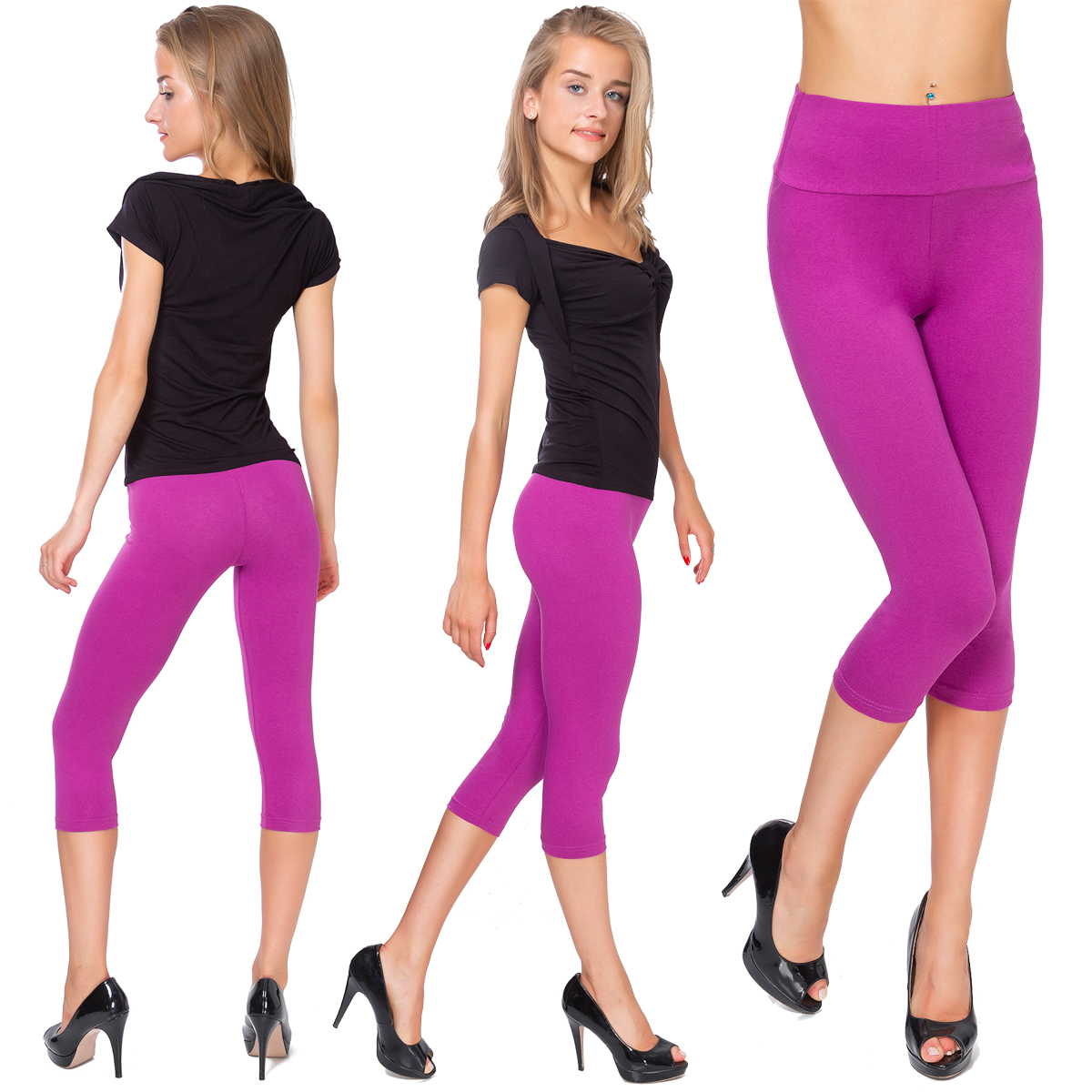Cropped Leggings With Lace 3/4 Length Casual Cotton Pants Hot Colours Sizes 8-22